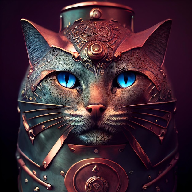 Un chat aux yeux bleus porte une armure.