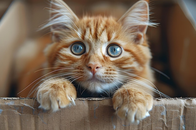 Le chat aux yeux bleus qui regarde au-dessus d'une boîte en carton