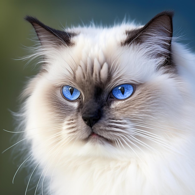 Un chat aux yeux bleus regarde la caméra.