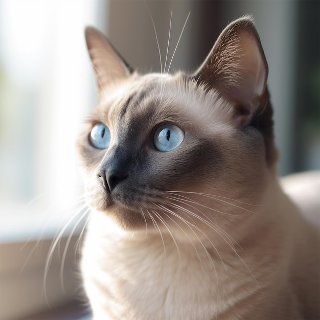 Un chat aux yeux bleus regarde par la fenêtre