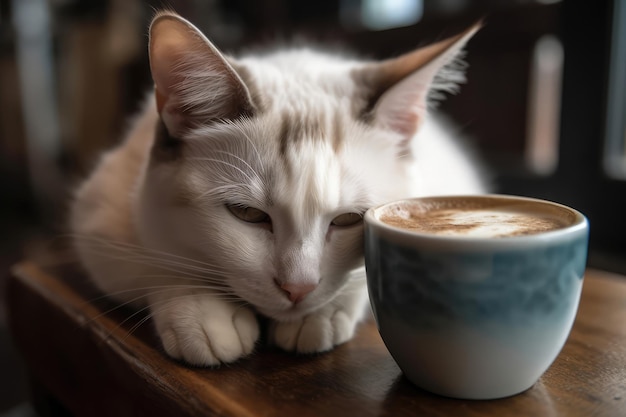 Chat aux yeux endormis à côté de Cappuccino Generative AI