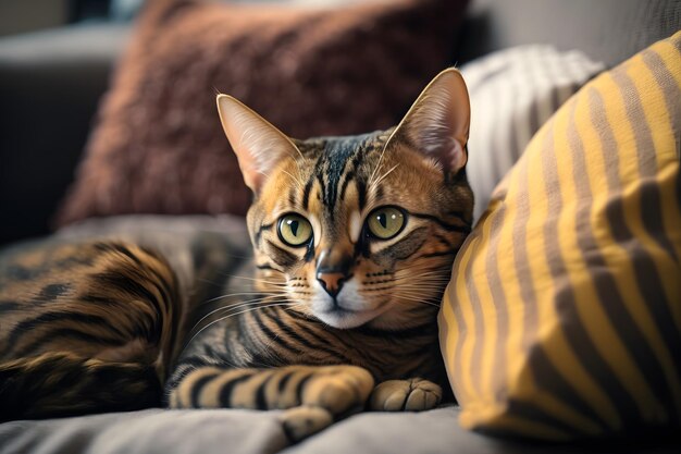 Un chat aux yeux jaunes est assis sur un canapé avec des oreillers.