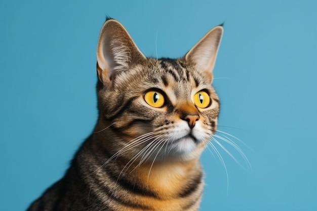 Un chat aux yeux jaunes est assis sur un fond bleu.