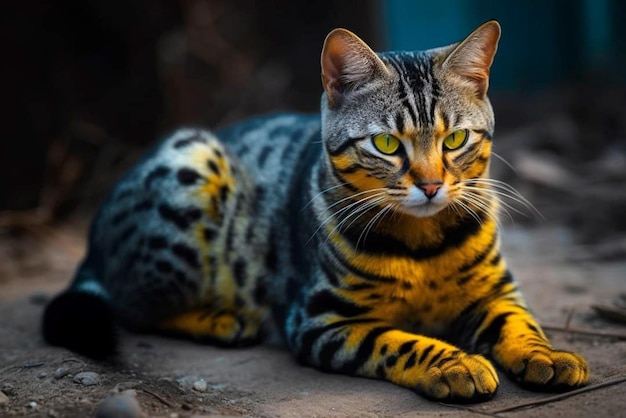 Un chat aux yeux jaunes est assis sur un rocher.