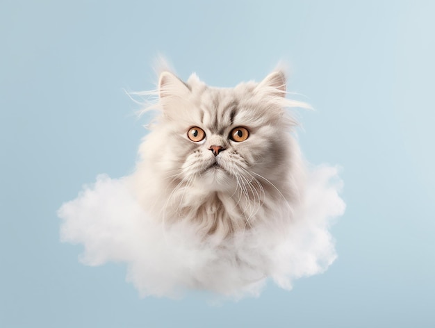 Un chat aux yeux jaunes est dans un nuage.