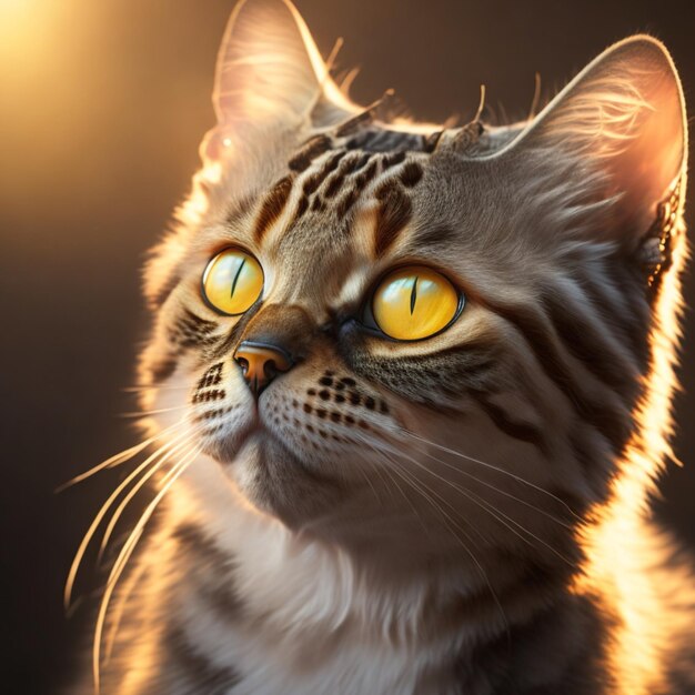 Un chat aux yeux jaunes regarde la caméra.