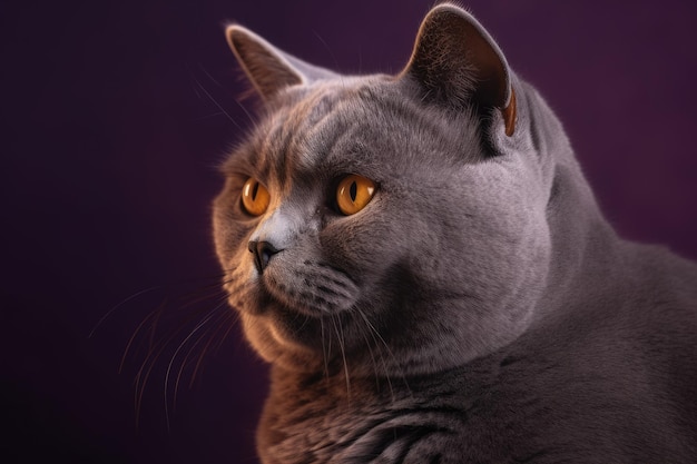 Un chat aux yeux orange est assis devant un fond violet.