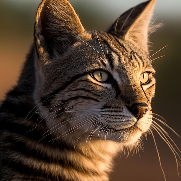 Un chat aux yeux et rayures jaunes regarde vers la droite.