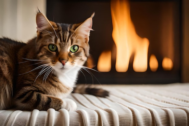 Un chat aux yeux verts est assis devant une cheminée.