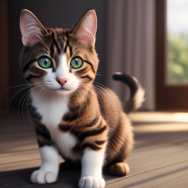 Un chat aux yeux verts est debout sur un plancher en bois.