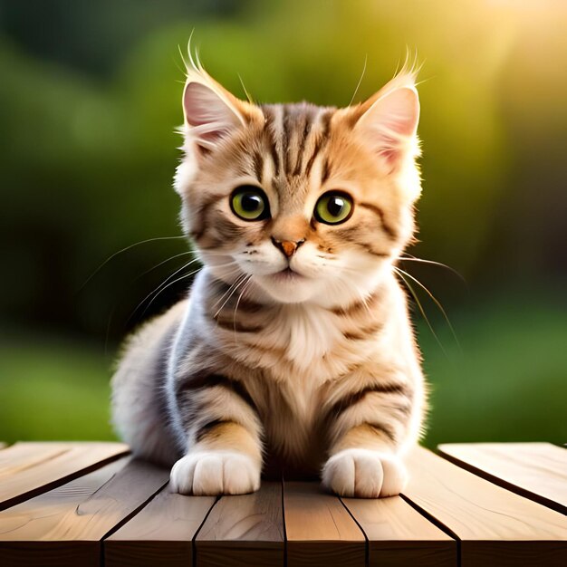 Un chat aux yeux verts est posé sur une table en bois.