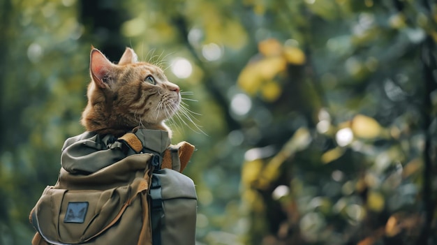 Un chat aventureux vêtu d'un équipement de voyage et d'un sac à dos explore les merveilles de la nature, incarnant la curiosité et l'envie de voyager dans son voyage à travers des paysages pittoresques.