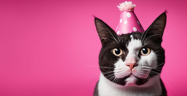 Chat ayant anniversaire mignon animal célébrant bday bannière rose avec espace de copie pour le texte concept de fête de célébration AI générative