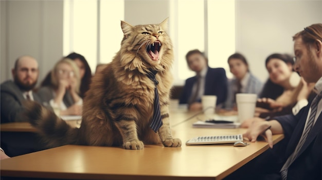 chat ayant une crise de panique dans une salle de réunion