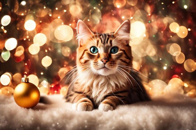 un chat avec une balle de Noël sur la tête