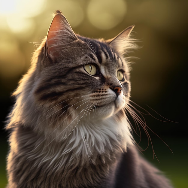 Un chat avec une bande jaune et noire sur la poitrine regarde la caméra.