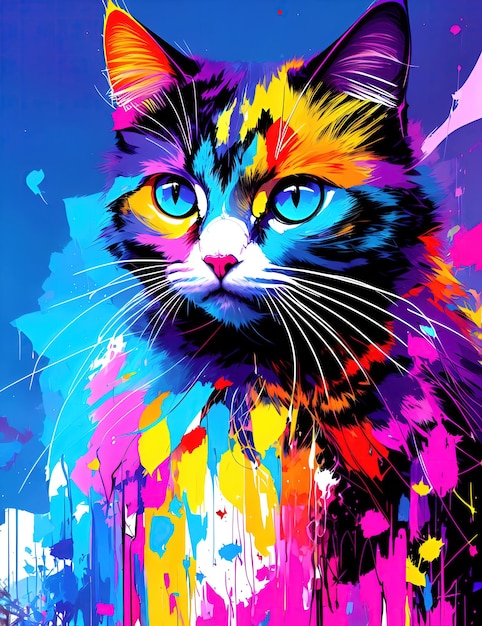 Chat avec une beauté abstraite regardant la peinture numérique de couleurs psychédéliques de l'appareil photo