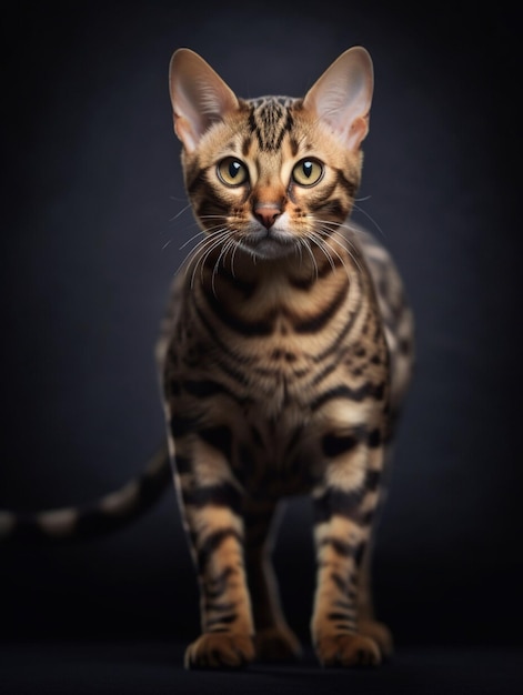 Chat bengal debout sur fond sombre et regardant la caméra Photographie de studio