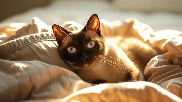 Un chat birman sucré couché dans son lit à la maison.