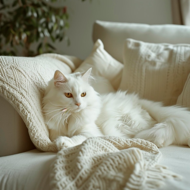 Un chat blanc allongé sur un canapé avec une couverture