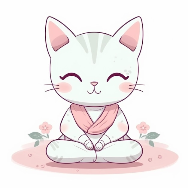 un chat blanc assis en position du lotus avec une écharpe rose ai générative