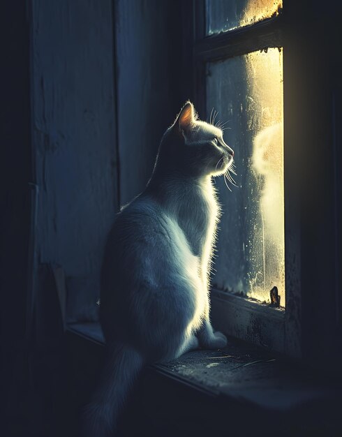 Un chat blanc assis sur le sol avec un fond sombre