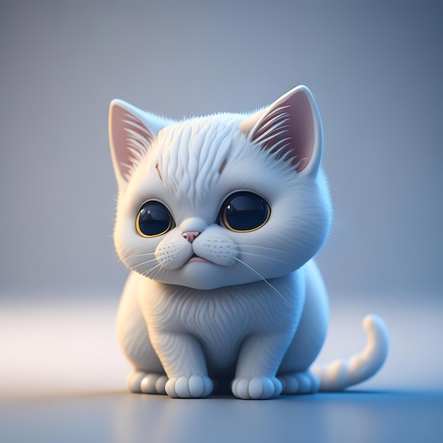 Un chat blanc aux grands yeux est assis sur un fond bleu.