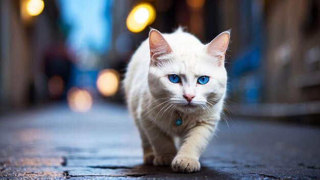 Un chat blanc aux yeux bleus, un chat qui marche dans la rue, un thème sombre, un beau chat.