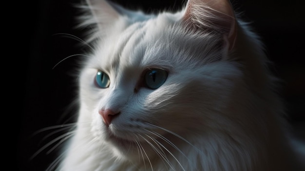 Photo un chat blanc aux yeux bleus est assis dans le noir.