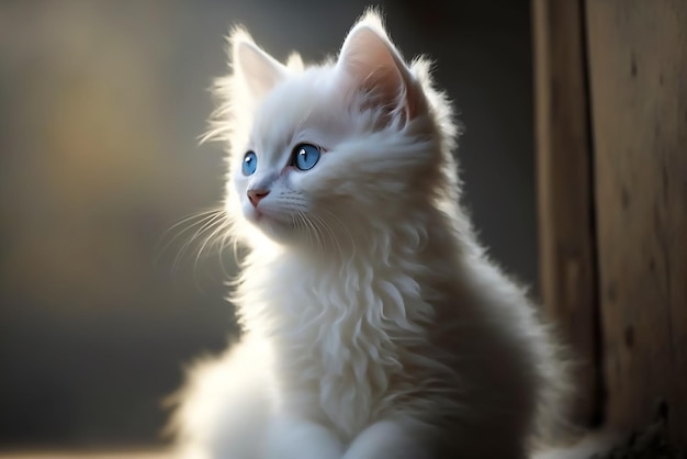 Un chat blanc aux yeux bleus est assis devant une fenêtre.