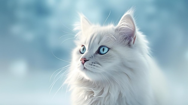 Un chat blanc aux yeux bleus est assis devant un fond bleu.