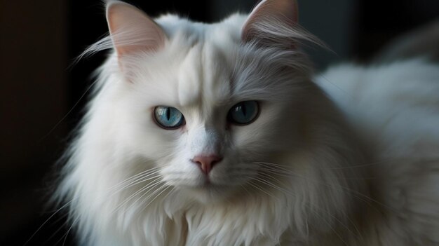 Un chat blanc aux yeux bleus est assis sur un fond sombre.