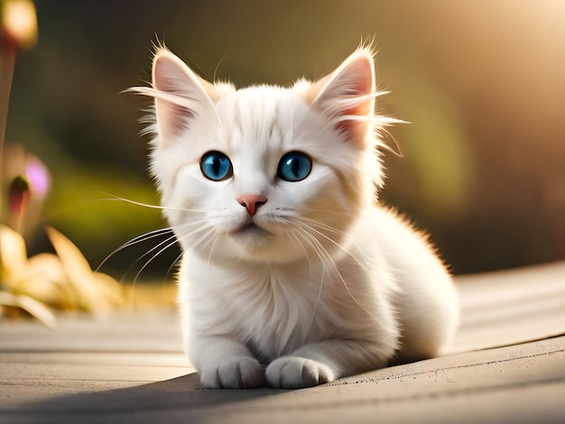 Un chat blanc aux yeux bleus est assis sur une terrasse en bois.