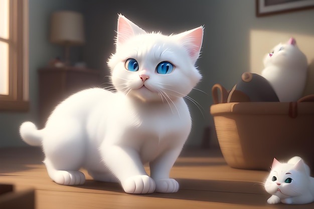 Un chat blanc aux yeux bleus et un œil bleu.