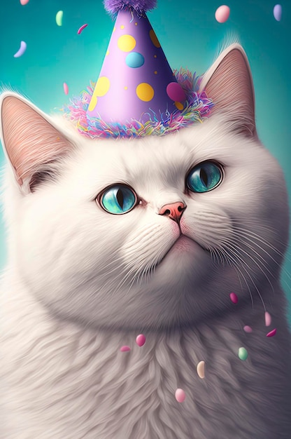 Chat blanc aux yeux bleus portant un chapeau de fête avec des confettis