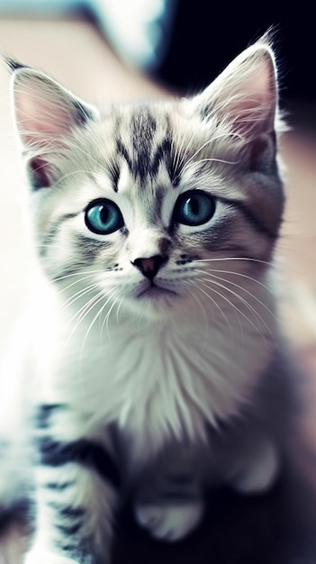 Un chat blanc aux yeux bleus regarde la caméra.