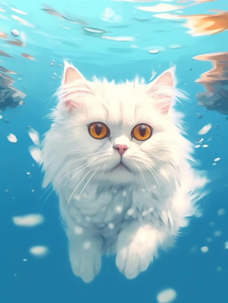 un chat blanc aux yeux orange nage dans l'eau.