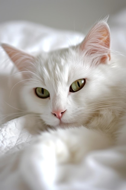 Un chat blanc aux yeux verts allongé sur le lit