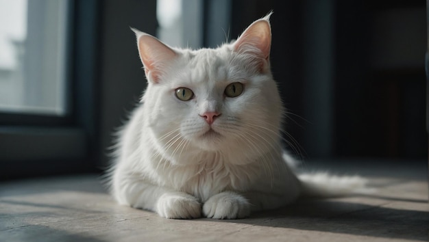 un chat blanc aux yeux verts est assis sur un sol