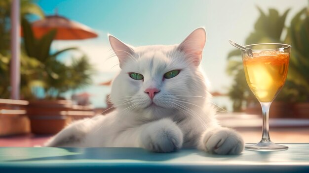 Un chat blanc aux yeux verts est assis à une table avec un poisson dessus