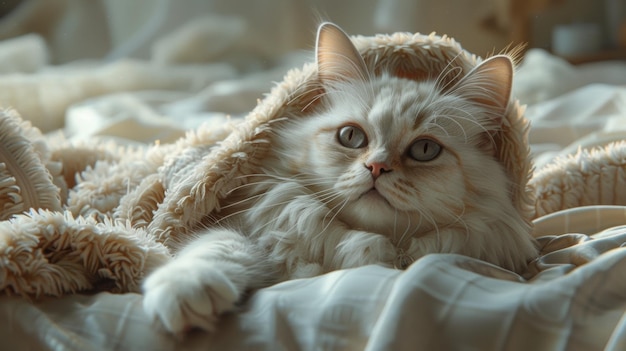 Un chat blanc couché sur un lit couvert de couvertures