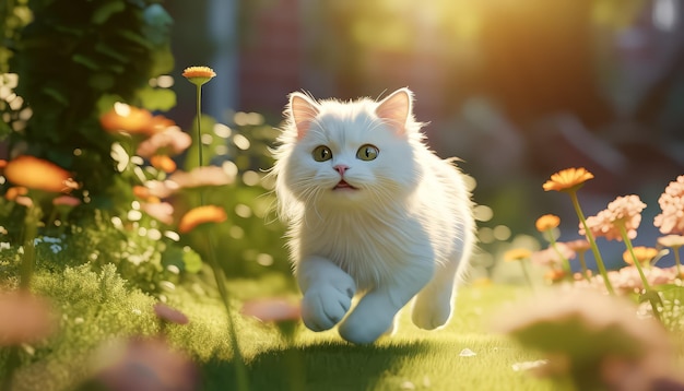 Un chat blanc court à travers un champ de fleurs.