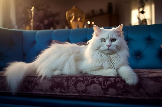 Un chat blanc avec un coussin bleu dessus