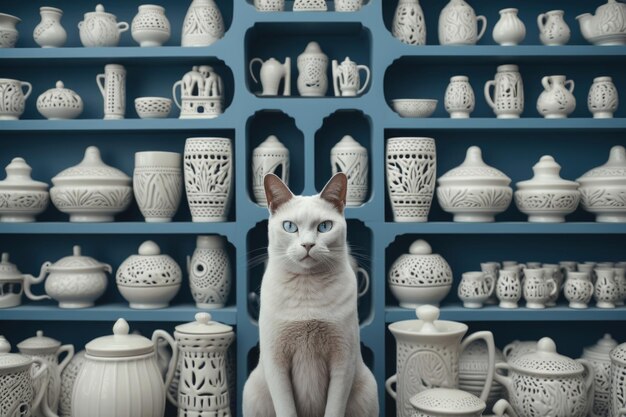 Un chat blanc curieux regarde l'objectif entouré de cruches et de tasses en porcelaine sur les étagères