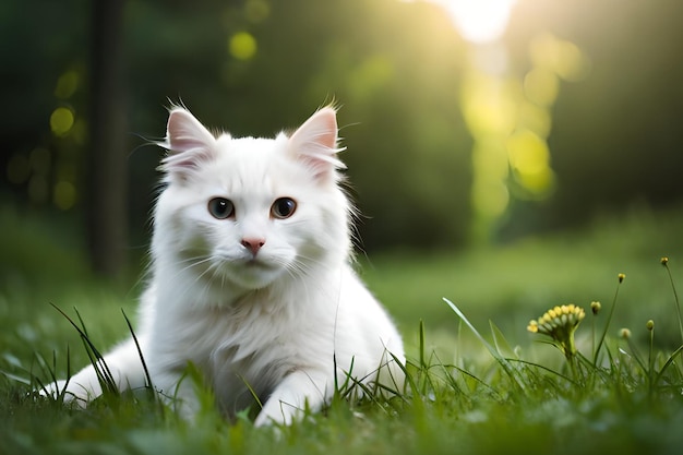 Un chat blanc dans l'herbe