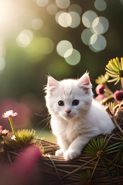 Un chat blanc dans un panier de fleurs