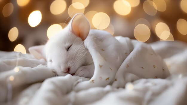 un chat blanc dort sur une couverture blanche avec un chat blanc qui dort