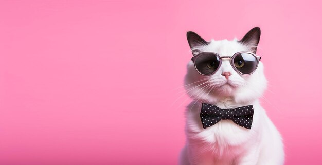 Un chat blanc élégant avec des lunettes de soleil et un nœud papillon posant sur un fond rose avec beaucoup d'espace de copie sur le côté