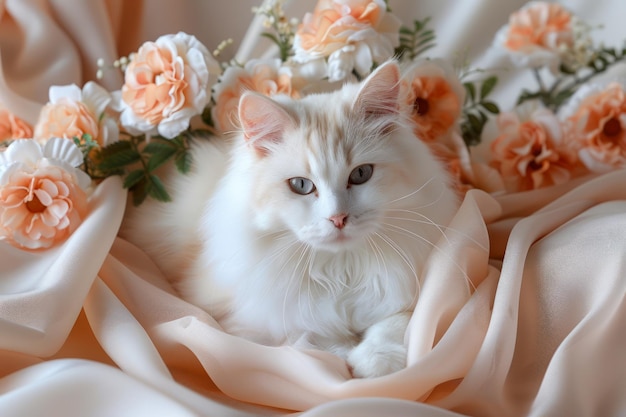 Un chat blanc élégant posant au milieu de délicates roses de pêche sur un tissu de satin doux, serein et gracieux.