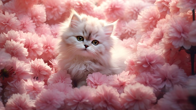 un chat blanc entouré de fleurs roses
